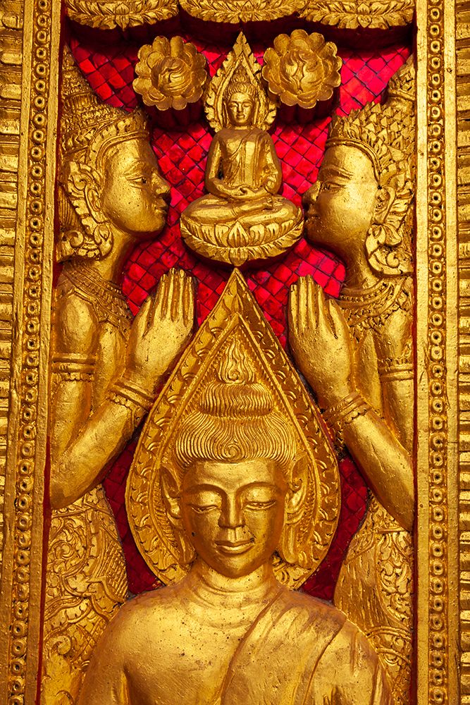 Laos- Luang Prabang. Haw Pha Bang-Carved panel on wall. art print by Tom Haseltine for $57.95 CAD