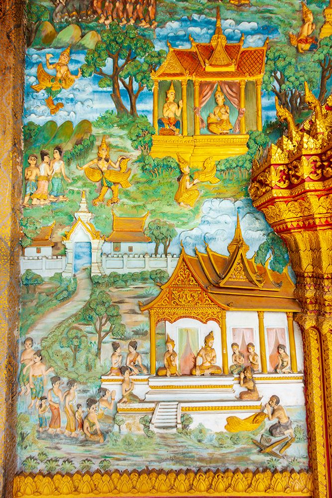 Luang Prabang- Laos. Ancient mural carvings in Wat Mahathat facade. art print by Tom Haseltine for $57.95 CAD