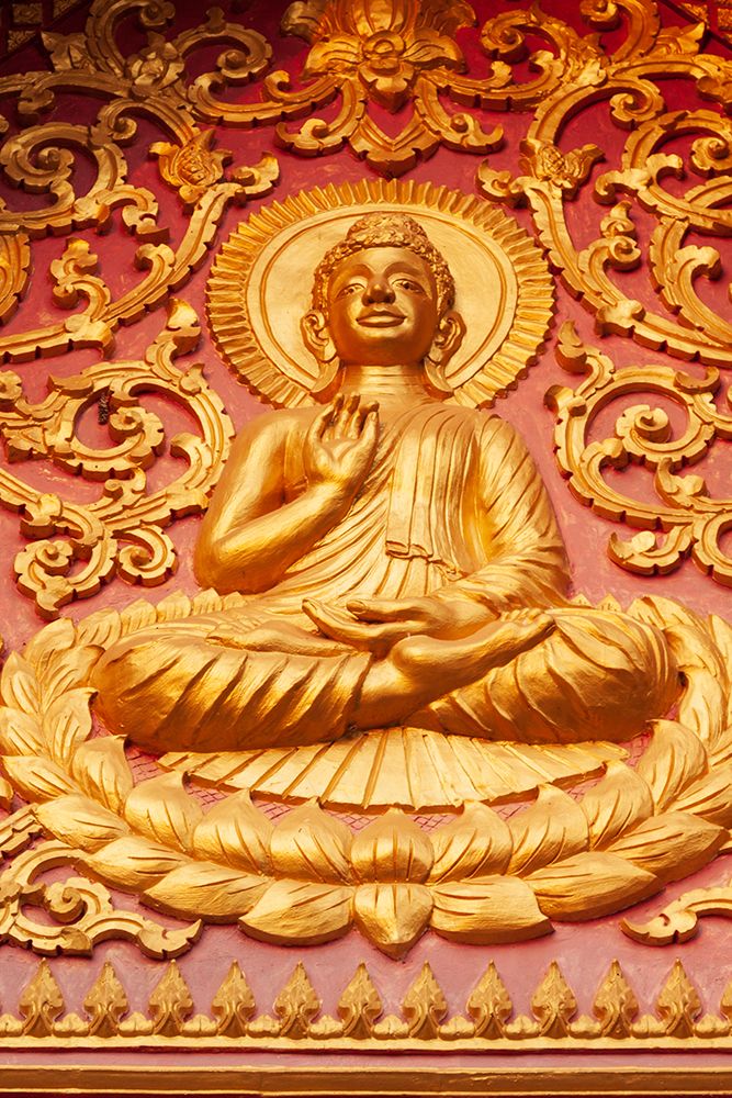 Laos- Luang Prabang. Golden relief carving of Buddha. art print by Tom Haseltine for $57.95 CAD
