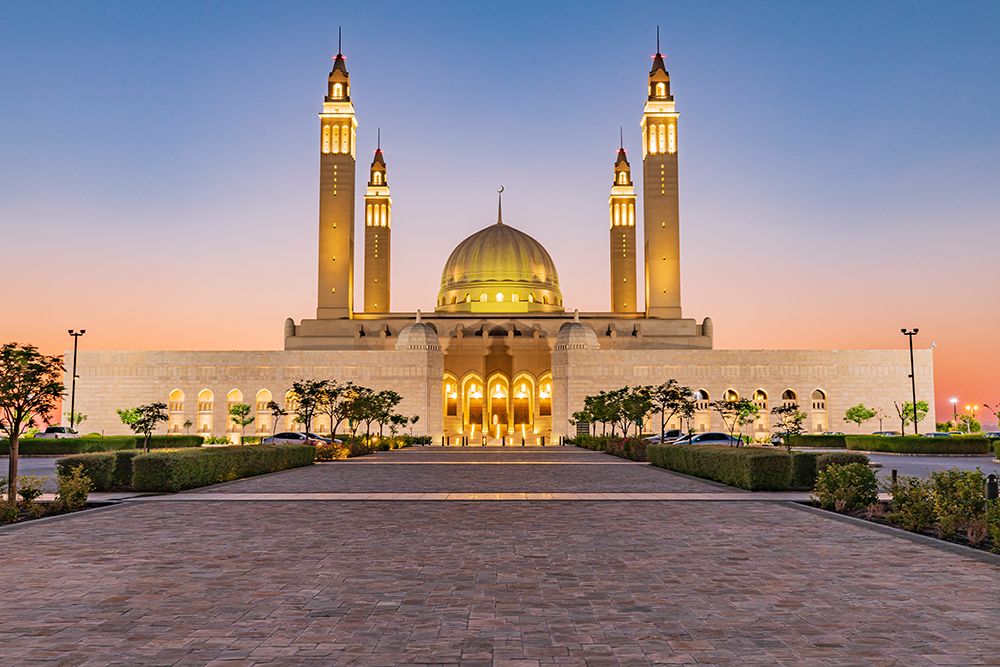 Middle East-Arabian Peninsula-Oman-Ad Dakhiliyah-Nizwa-Sunset at the Sultan Qaboos Grand Mosque art print by Emily Wilson for $57.95 CAD