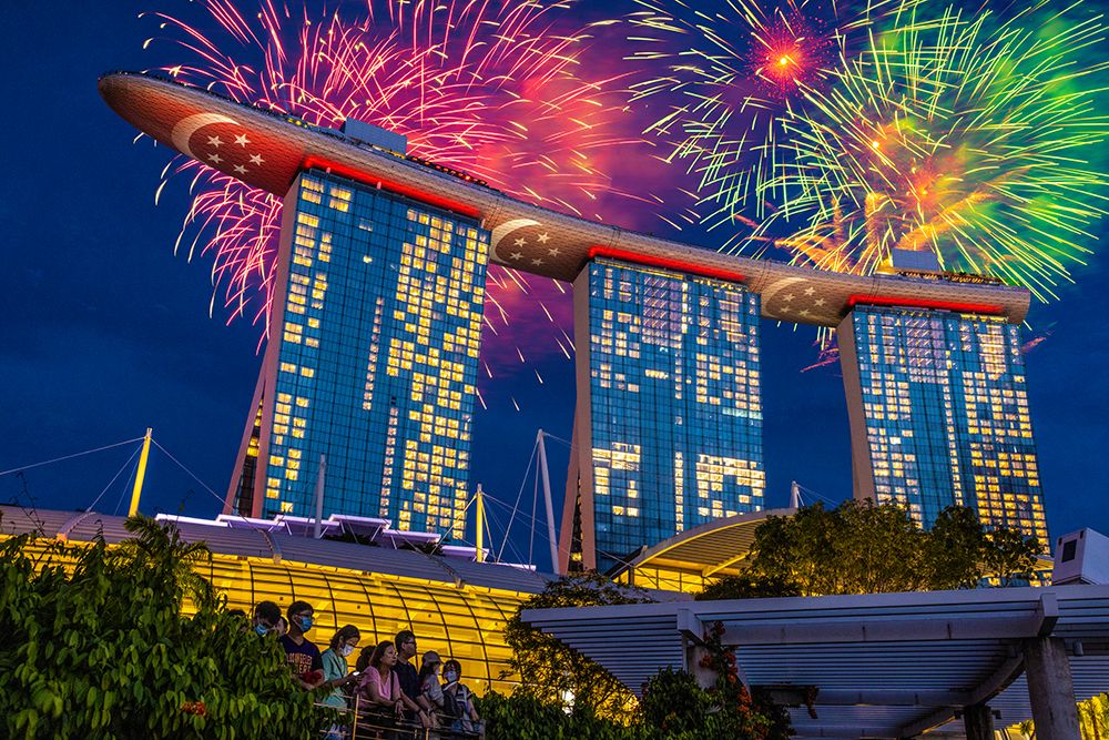 Singapore Night fireworks over Marina Bay Sands Hotel to celebrate independence art print by Jaynes Gallery for $57.95 CAD