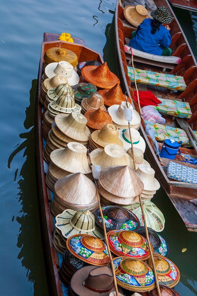 Damnoen Saduak Floating Market-Bangkok-Thailand-Boatload of hats for sale art print by Tom Haseltine for $57.95 CAD