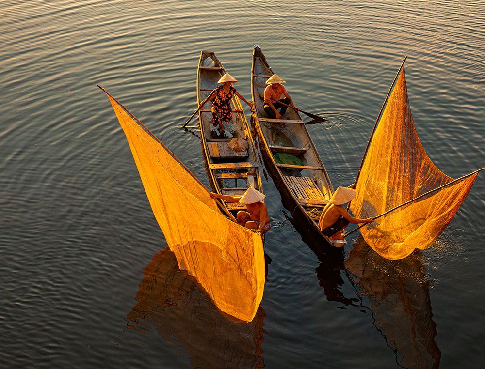 Vietnam-Coordinated lagoon fishing with nets at sunset art print by Tom Norring for $57.95 CAD