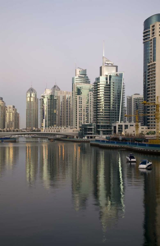 UAE, Dubai, Marina Towers on marina at sunset art print by Bill Young for $57.95 CAD
