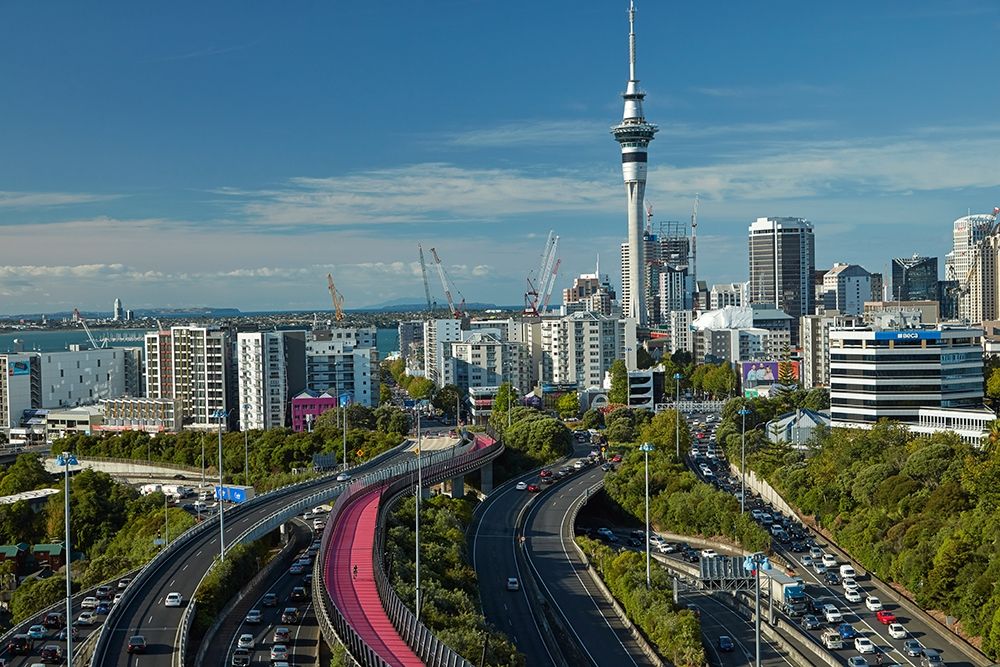 Motorways-Lightpath cycleway-and Skytower-Auckland-North Island-New Zealand art print by David Wall for $57.95 CAD
