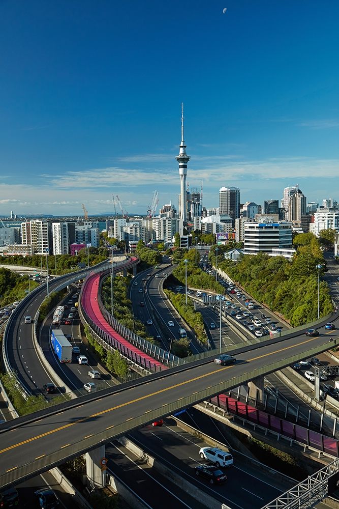 Motorways-Lightpath cycleway-and Skytower-Auckland-North Island-New Zealand art print by David Wall for $57.95 CAD
