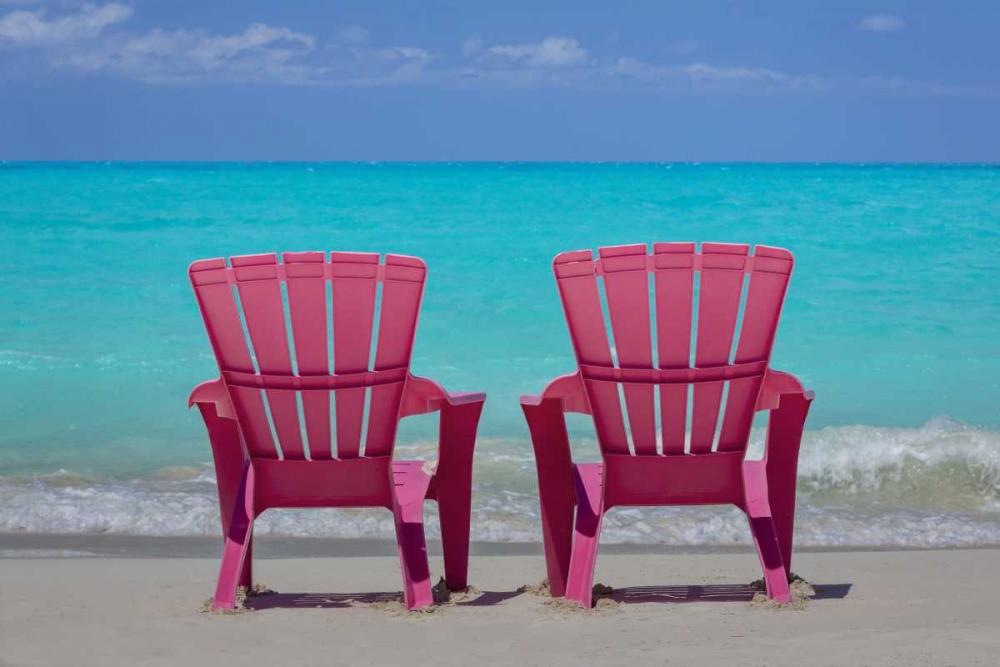 Bahamas, Little Exuma Is Pink chairs on beach art print by Don Paulson for $57.95 CAD