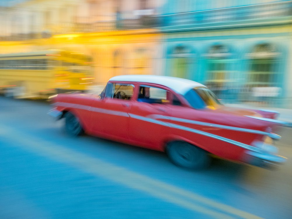 Caribbean-Cuba-Havana-Havana Vieja-UNESCO World Heritage Site-classic car in motion art print by Merrill Images for $57.95 CAD