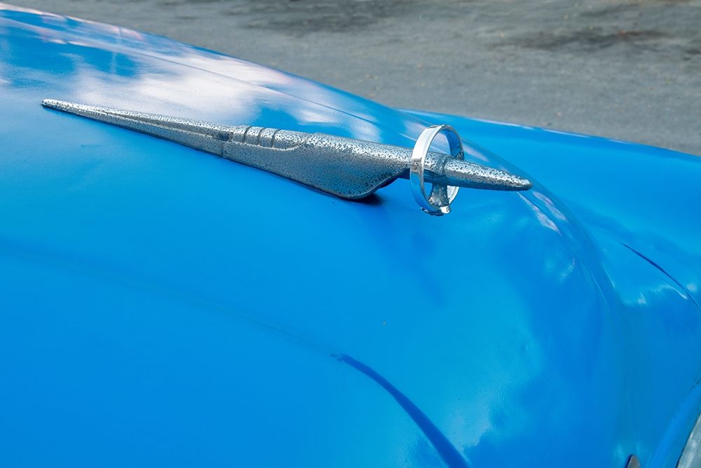 Detail of hood ornament on blue classic American Buick car in Habana-Havana-Cuba art print by Janis Miglavs for $57.95 CAD