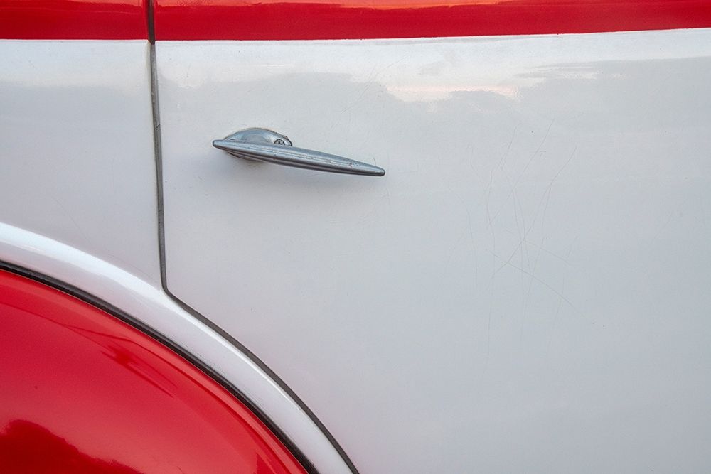 Detail of door on red and white classic American Ford in Habana-Havana-Cuba art print by Janis Miglavs for $57.95 CAD