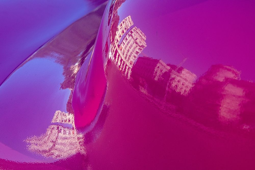 Reflection of buildings in trunk of hot pink classic American Oldsmobile Havana-Cuba art print by Janis Miglavs for $57.95 CAD