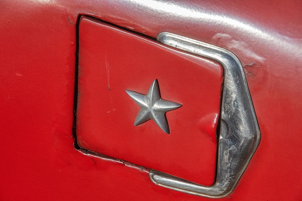 Detail of gasoline tank door with star on classic American car in Vieja-old Habana-Havana-Cuba art print by Janis Miglavs for $57.95 CAD
