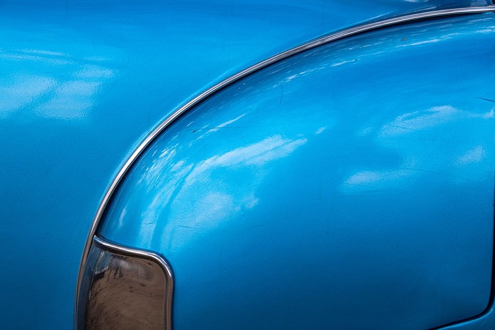 Detail of rear fender on classic blue American Chevrolet in Vinales-Vinales Valley-Cuba art print by Janis Miglavs for $57.95 CAD