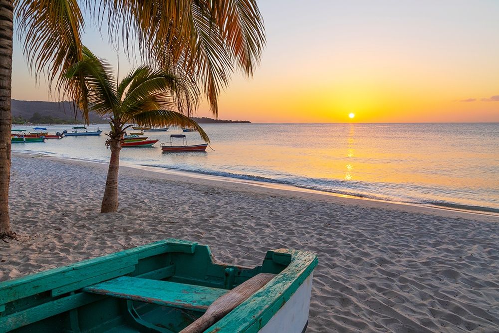 Caribbean-Grenada-Grenadines Sunset and wooden fishing boat on Grand Anse Beach art print by Jaynes Gallery for $57.95 CAD