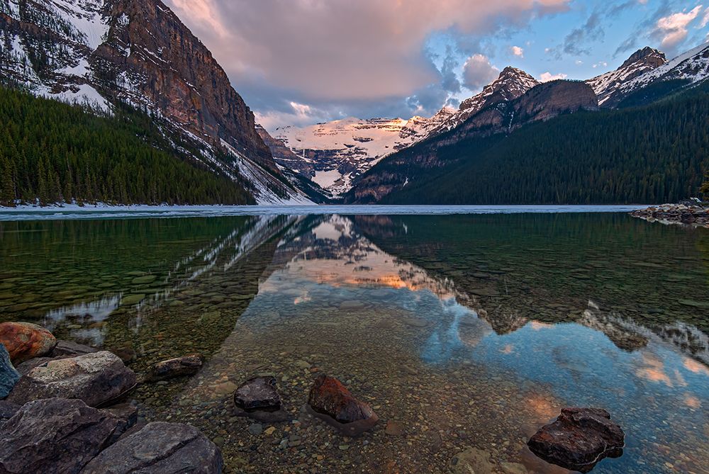 Canada-Alberta-Banff National Park Sunrise reflections on calm Lake Louise art print by Jaynes Gallery for $57.95 CAD