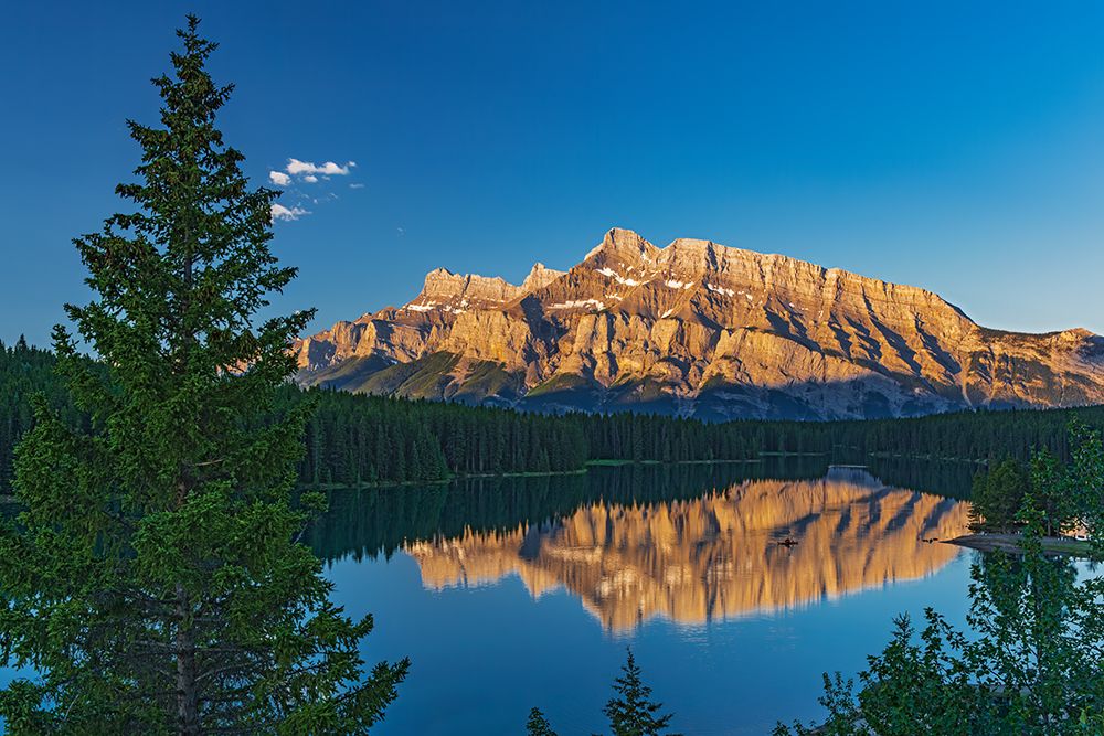 Canada-Alberta-Banff National Park Mt Rundle reflected in Two Jack Lake at sunrise art print by Jaynes Gallery for $57.95 CAD