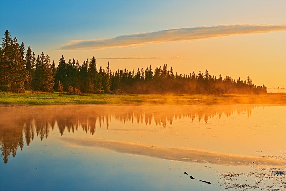 Canada-Manitoba-Riding Mountain National Park Fog rising above Whirlpool Lake at sunrise art print by Jaynes Gallery for $57.95 CAD