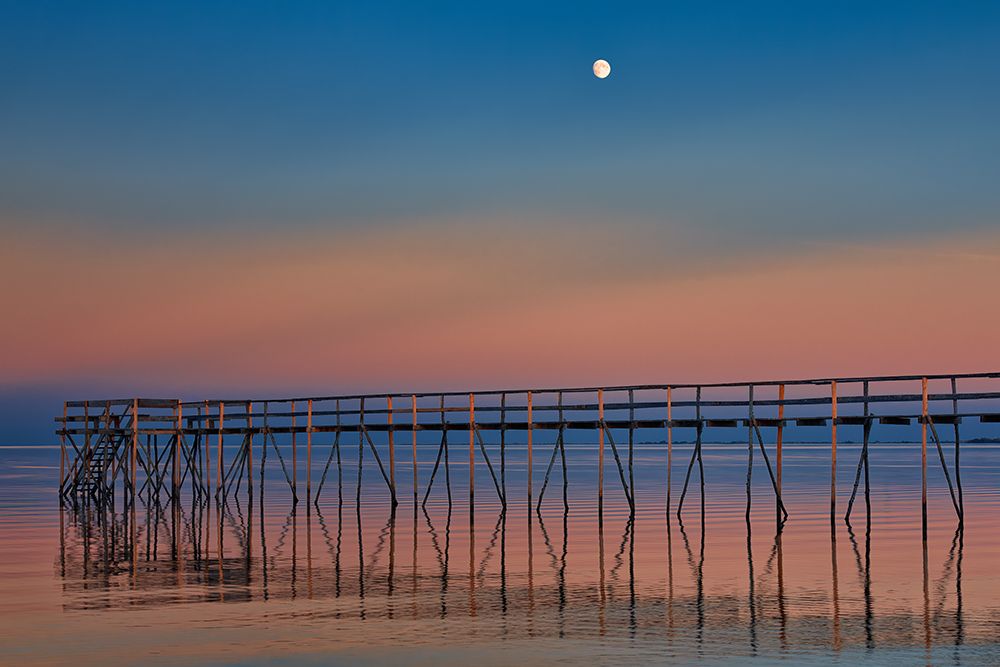 Canada-Manitoba-Matlock Pier on Lake Winnipeg at dusk with moon art print by Jaynes Gallery for $57.95 CAD