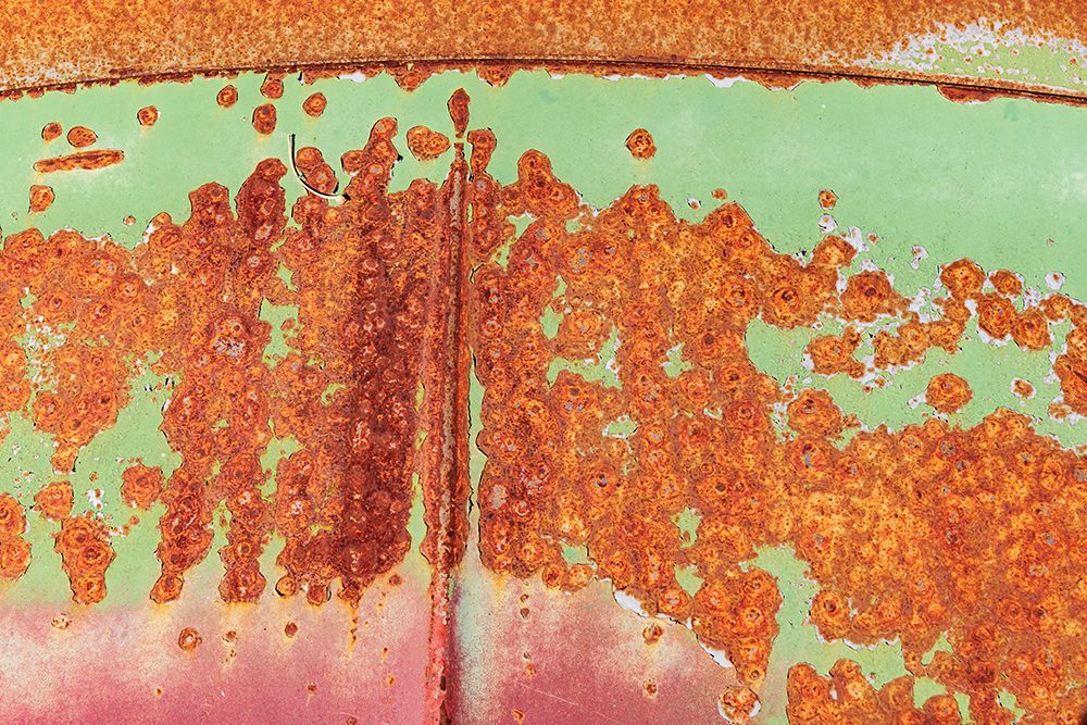 Canada-Manitoba-St Lupicin Close-up of rusted paint patterns on vintage car art print by Jaynes Gallery for $57.95 CAD