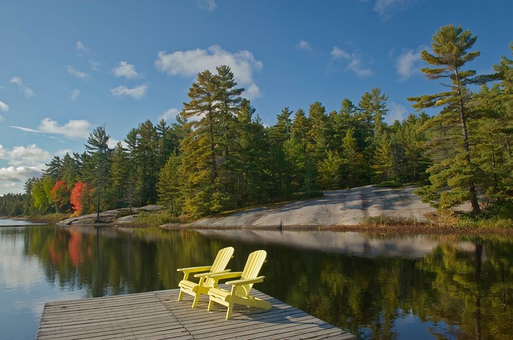 Canada-Ontario-Grundy Lake Provincial Park Muskoka chairs on lake dock art print by Jaynes Gallery for $57.95 CAD