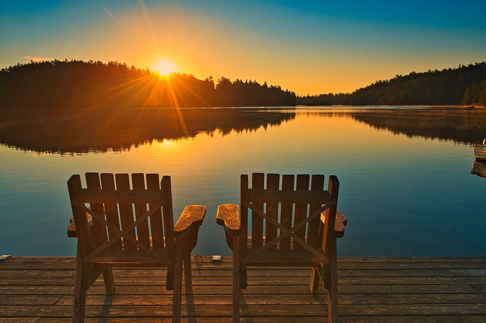 Canada-Ontario-Temagami Muskoka chairs on Snake Island Lake dock at sunrise art print by Jaynes Gallery for $57.95 CAD