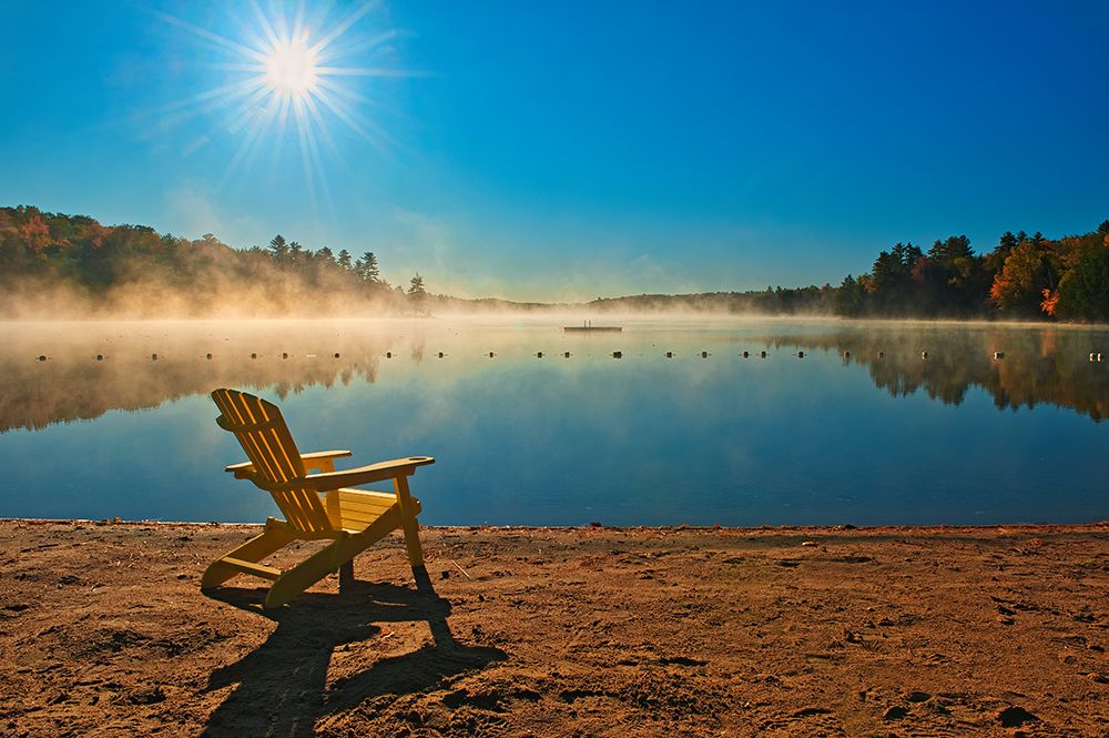 Canada-Ontario-Silent Lake Provincial Park. Muskoka chair and morning fog on Silent Lake. art print by Jaynes Gallery for $57.95 CAD