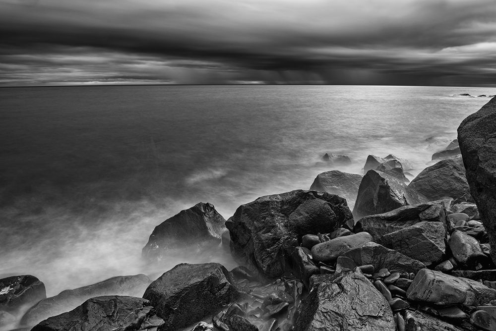 Canada-Quebec-Ruisseau Castor Shoreline rocks on Gulf of St Lawrence in storm light art print by Jaynes Gallery for $57.95 CAD