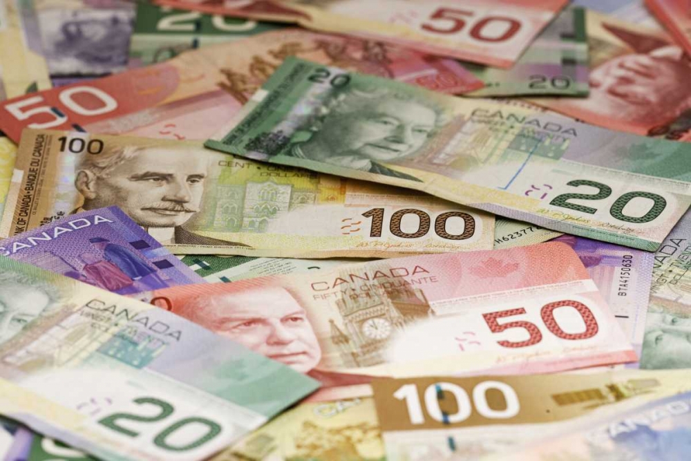 Close-up of assorted Canadian paper currency art print by Dennis Flaherty for $57.95 CAD