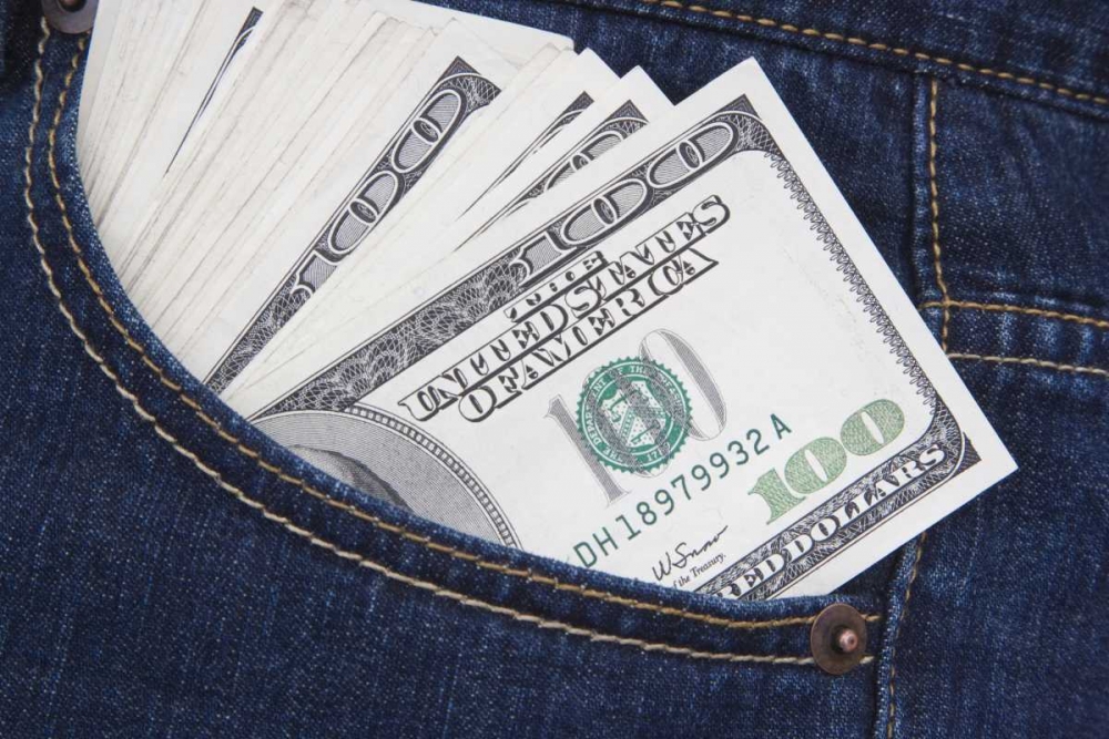 Some US $100 bills in a jeans pocket art print by Dennis Flaherty for $57.95 CAD