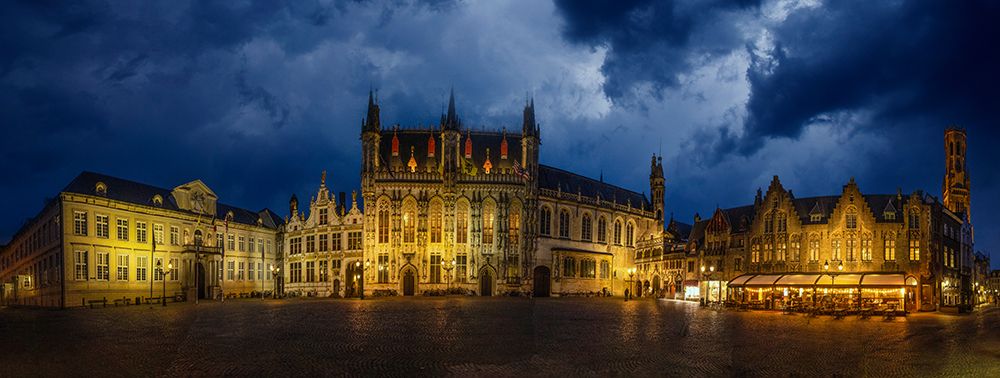 Belgium-Brugge. Panoramic of medieval architecture and square at night. art print by Jaynes Gallery for $57.95 CAD