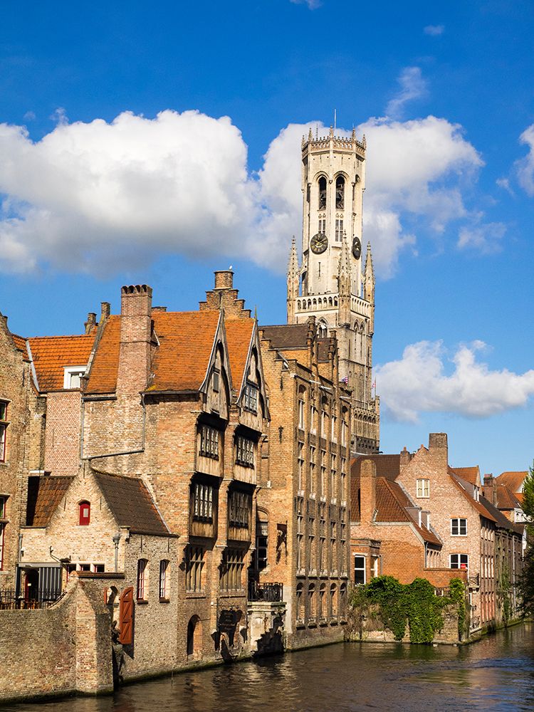 Belgium-Bruges. Belfry of Bruges at the junction of the Groenerei and Dijver canals. art print by Julie Eggers for $57.95 CAD