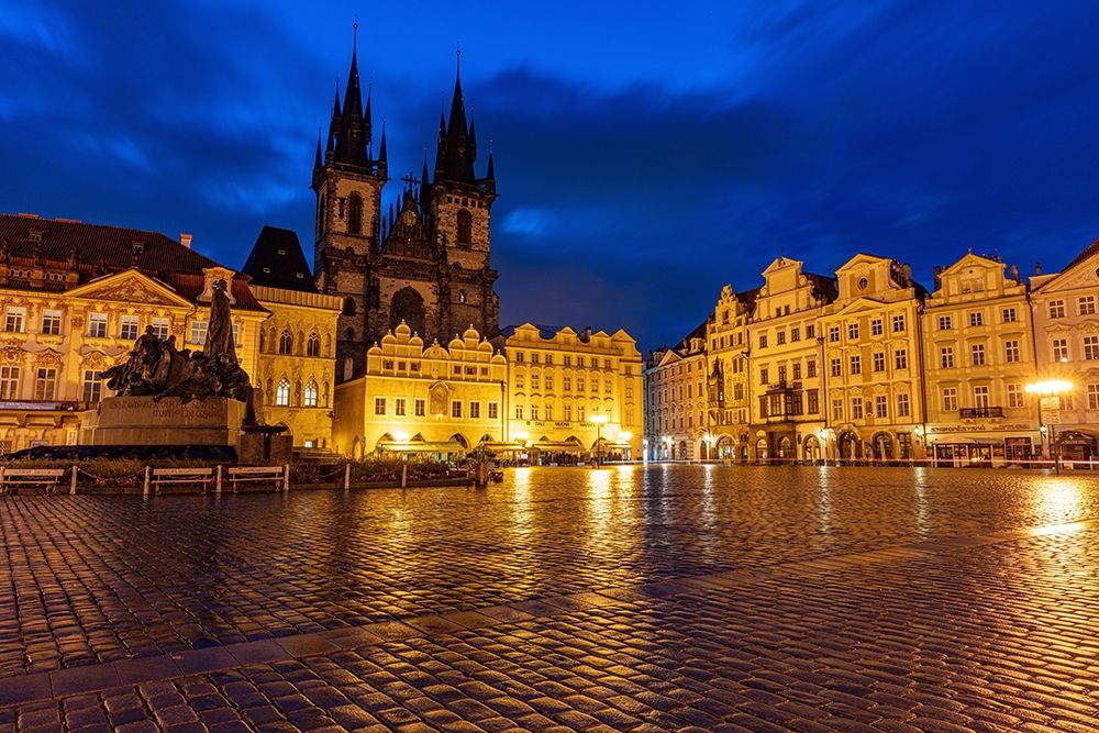 Tyn Church at dawn on wet cobblestones in Old Town Square in Prague-Czech Republic art print by Chuck Haney for $57.95 CAD