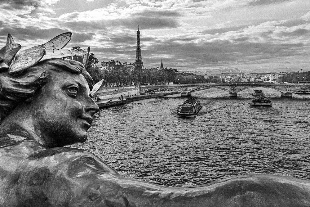 Paris. Nymphes de la Seine statue on Pont Alexandre III- along River Seine. Distant Eiffel Tower. art print by Emily Wilson for $57.95 CAD