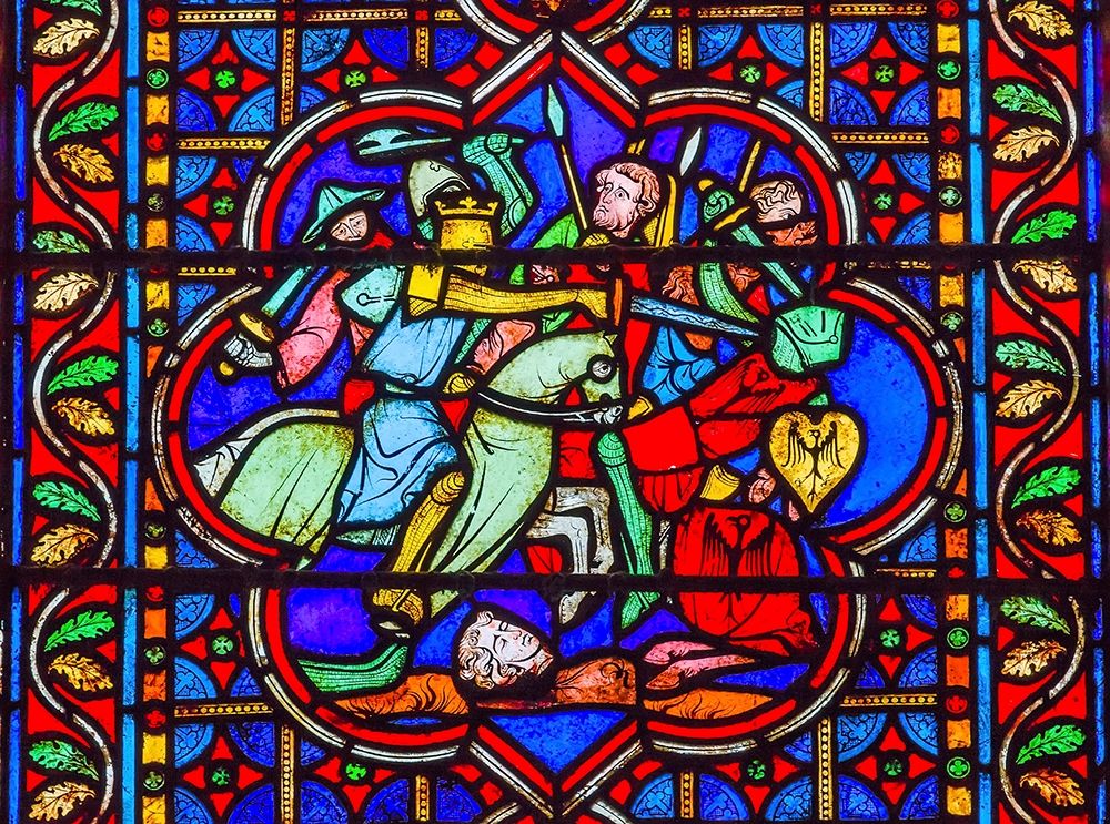 Knights Fighting Swords Horses Battle War stained glass-Notre Dame Cathedral-Paris-France  art print by William Perry for $57.95 CAD