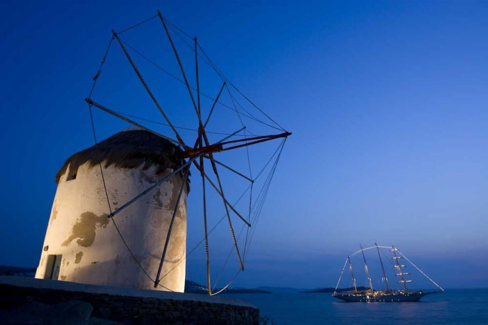 Greece, Mykonos, Hora Windmill and luxury yacht art print by Bill Young for $57.95 CAD