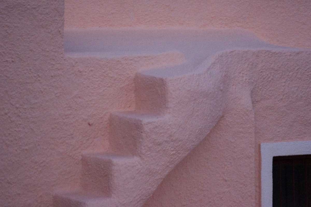 Greece, Thira, Oia Pink stucco wall and stairs art print by Bill Young for $57.95 CAD
