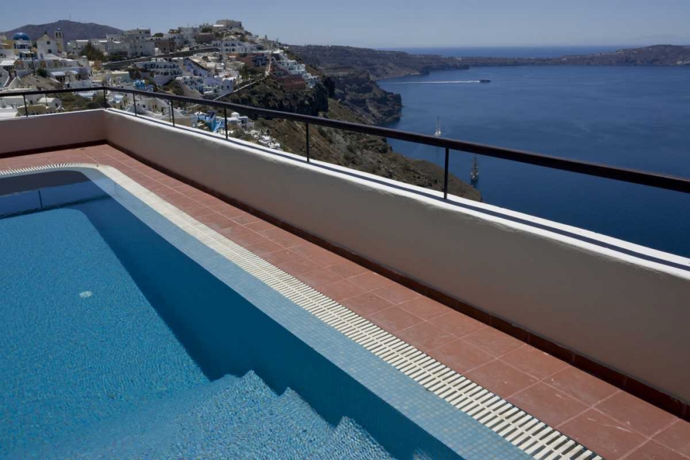 Greece, Santorini Swimming pool overlooking town art print by Bill Young for $57.95 CAD