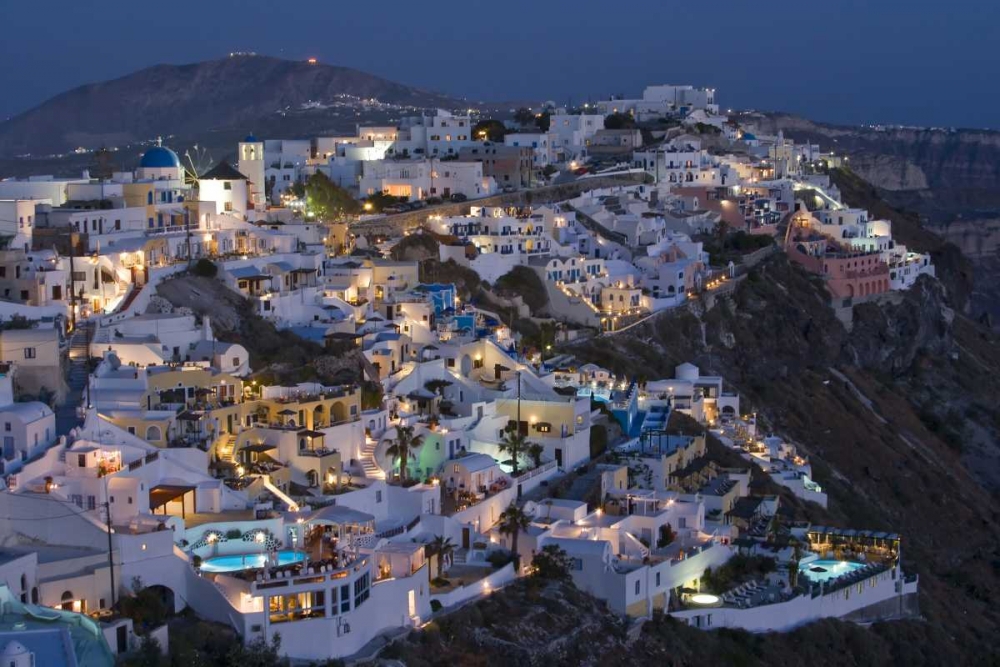 Greece, Firostefani Cliffside villas with lights art print by Bill Young for $57.95 CAD