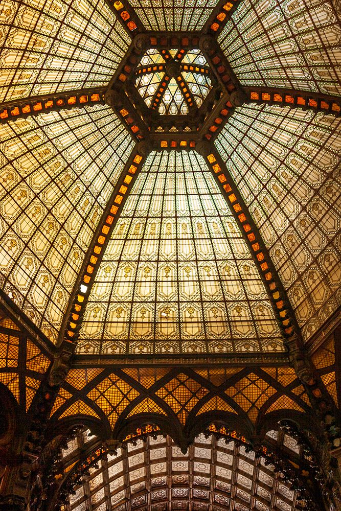 Stained glass ceiling inside Ferenciek Tere-Square of the Franciscans-an important public transport art print by Tom Haseltine for $57.95 CAD