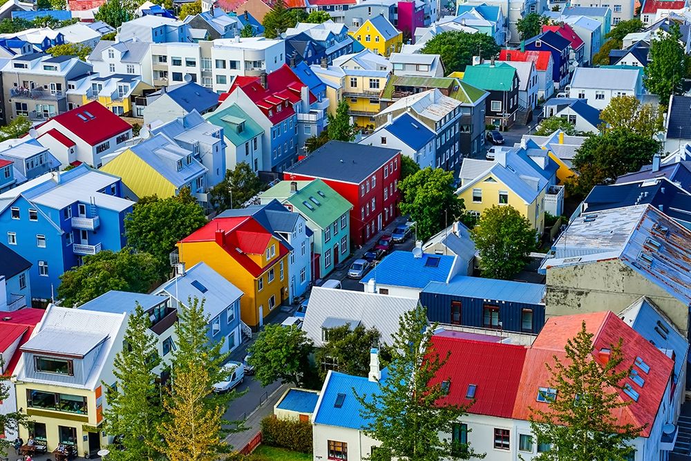 Colorful red green blue yellow Houses Cars Streets-Reykjavik-Iceland art print by William Perry for $57.95 CAD
