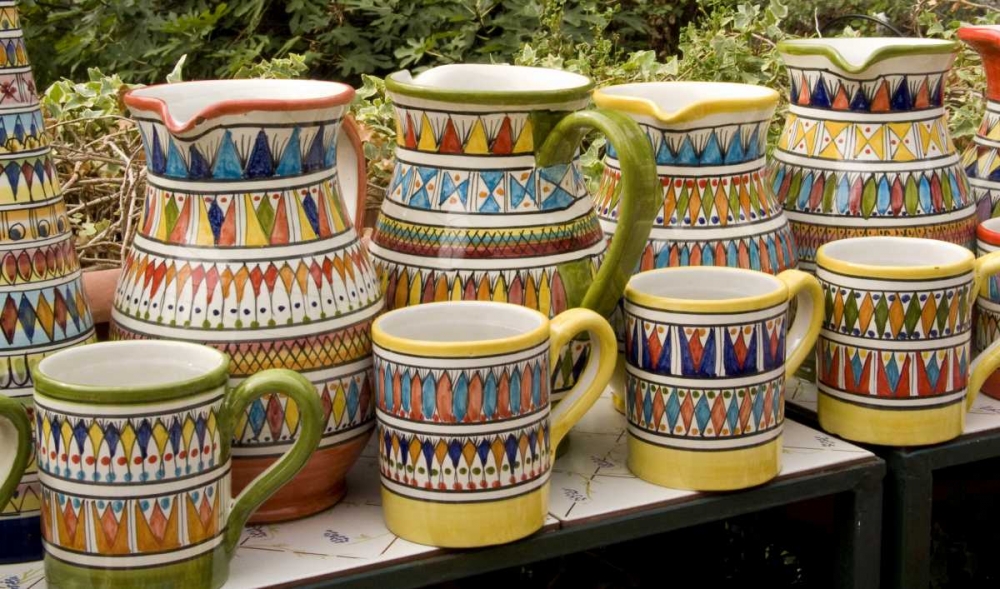 Italy, Positano Ceramic pitchers and mugs art print by Wendy Kaveney for $57.95 CAD