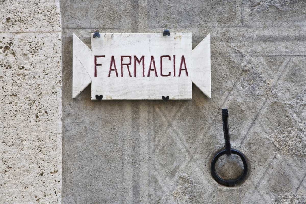 Italy, Tuscany, Pienza Pharmacy sign on wall art print by Dennis Flaherty for $57.95 CAD
