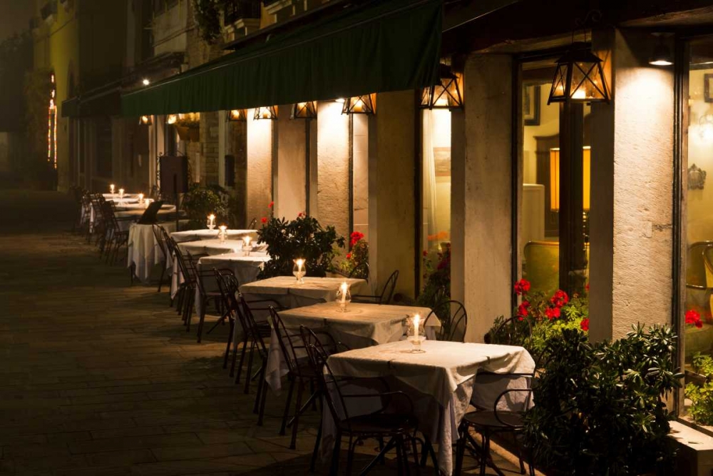 Italy, Venice Restaurant tables lit at night art print by Bill Young for $57.95 CAD