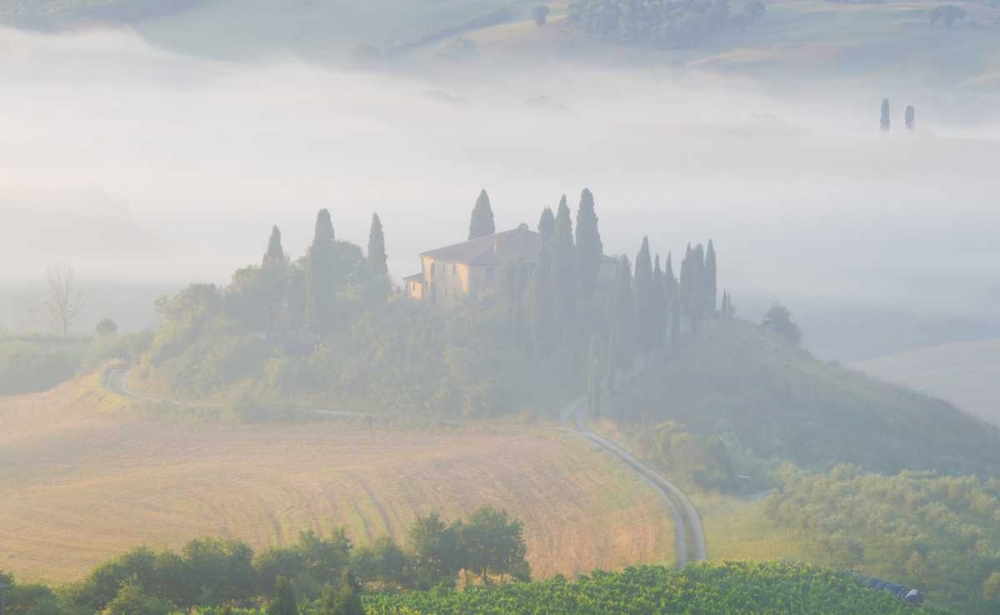 Italy, Tuscany Belvedere house in morning fog art print by Gilles Delisle for $57.95 CAD
