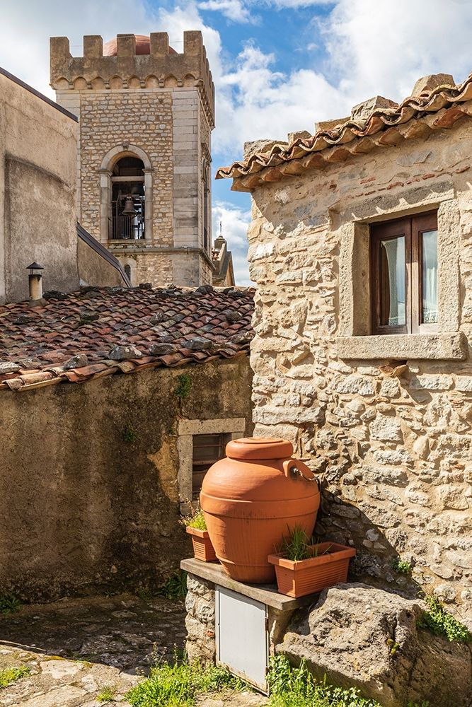 Messina Province-Montalbano Elicona Terra cotta urns next to old stone building art print by Emily Wilson for $57.95 CAD