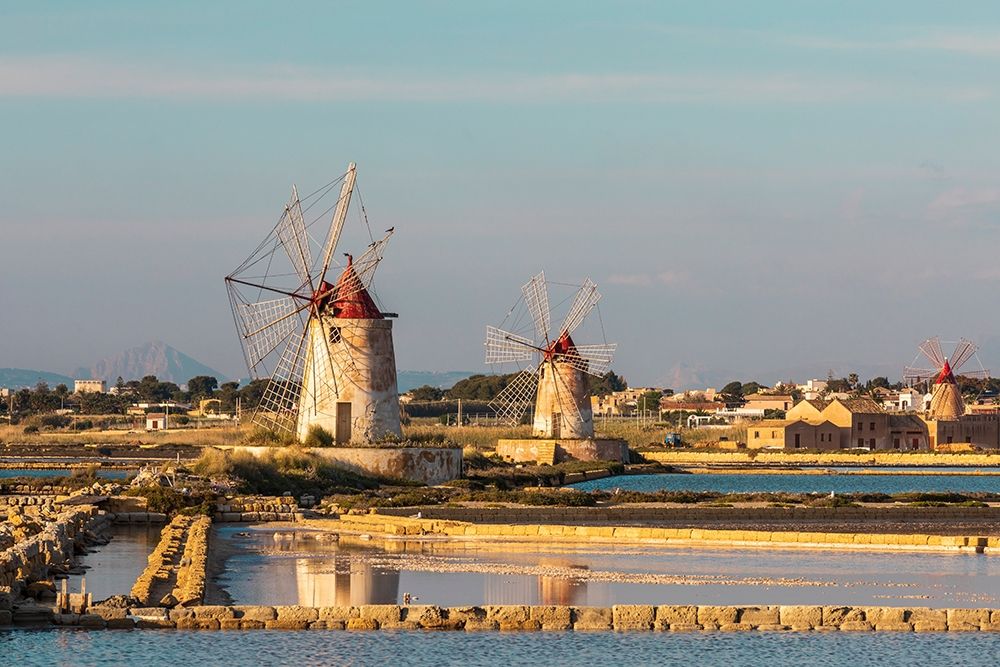 Trapani Province-Marsala Wind mills at the salt evaporation ponds in the Stagnone Nature Reserve art print by Emily Wilson for $57.95 CAD
