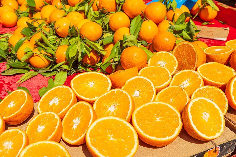 Italy-Apulia-Metropolitan City of Bari-Locorotondo Oranges for sale in an outdoor market art print by Emily Wilson for $57.95 CAD