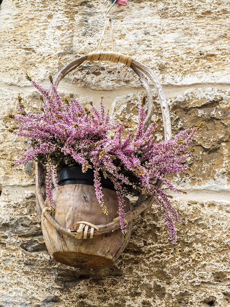 Italy-Chianti Basket of flowers hanging on a stone wall art print by Julie Eggers for $57.95 CAD