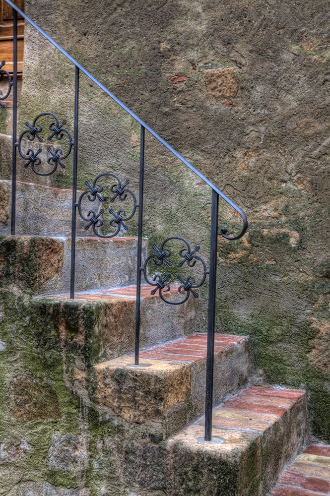 Italy-Tuscany-Pienza Steps with wrought iron railing leading to the entrance to a home in Pienza art print by Julie Eggers for $57.95 CAD