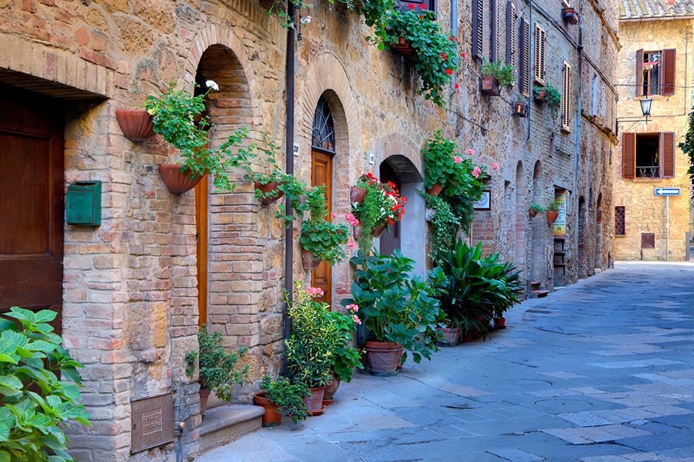 Italy-Tuscany-Pienza Flower pots and potted plants decorate a narrow street in a Tuscany village art print by Julie Eggers for $57.95 CAD
